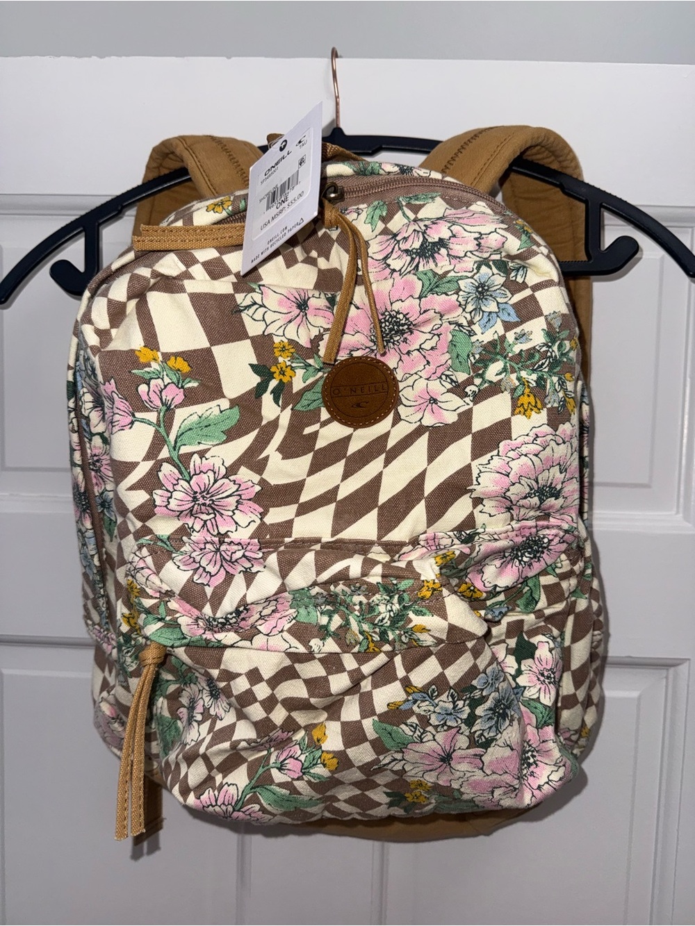 O’Neill Floral Check Canvas Backpack in Brown and Pink